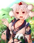  1girl alternate_costume animal_ears blush breasts cleavage detached_sleeves fangs floral_print food food_on_face hat highres hira_(nanika_no_heya) inubashiri_momiji japanese_clothes kimono long_sleeves looking_at_viewer obi onigiri open_mouth pom_pom_(clothes) red_eyes ribbon sash short_hair sitting solo string tail tokin_hat touhou wide_sleeves wolf_ears wolf_tail 