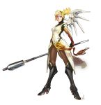  1girl absurdres blonde_hair blue_eyes breasts full_body high_heels highres long_hair mechanical_halo mechanical_wings mercy_(overwatch) overwatch parted_lips ponytail puffeyes simple_background solo staff standing white_background wings 