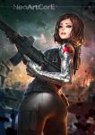  1girl artist_name ass black_hair blue_eyes captain_america_the_winter_soldier genderswap genderswap_(mtf) gun lips marvel nudtawut_thongmai rifle short_hair solo thighs weapon winter_soldier 