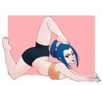  1girl blue_hair contortion foot_on_head tagme 