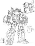  1boy 1girl 80s android autobot character_request humanoid_robot kamizono_(spookyhouse) machine machinery mecha monochrome no_humans oldschool optimus_prime original robot science_fiction size_difference sketch solo transformers 