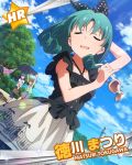  blue_hair blush character_name closed_eyes dress idolmaster idolmaster_million_live! ribbon short_hair sky smile tokugawa_matsuri 