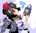  1girl ? black_hair black_wings commentary game_boy handheld_game_console hat pom_pom_(clothes) puffy_short_sleeves puffy_sleeves red_eyes shameimaru_aya shinapuu shirt short_hair short_sleeves silver_background simple_background solo tokin_hat touhou wavy_mouth white_background white_shirt wings 