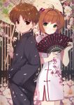  1boy 1girl blush brown_eyes brown_hair caidychen cardcaptor_sakura cherry_blossoms china_dress chinese_clothes couple dress fan folding_fan green_eyes hetero highres kinomoto_sakura li_xiaolang oriental_umbrella short_hair smile umbrella 