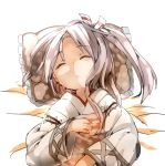  1girl bangs closed_eyes hair_ribbon high_ponytail hoshi_umi japanese_clothes kantai_collection parted_bangs pillow pillow_hug ribbon silver_hair sleeping solo zuihou_(kantai_collection) 