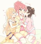 3girls :d akagi_miria black_hair blonde_hair blush brown_eyes cheek_kiss closed_eyes hair_down hood hug idolmaster idolmaster_cinderella_girls jougasaki_mika jougasaki_rika kiss leg_warmers long_hair multiple_girls open_mouth pajamas pink_hair ponytail short_hair shorts siblings sisters sitting smile socks straddling striped striped_legwear twintails two_side_up yellow_eyes yuri