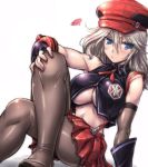  1girl alisa_ilinichina_amiella amania_orz blue_eyes blush breasts elbow_gloves fingerless_gloves full_body gloves god_eater hat long_hair looking_at_viewer navel pantyhose silver_hair simple_background skirt solo suspender_skirt suspenders under_boob white_background 