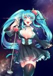  1girl black_legwear blue_eyes blue_hair breasts butterfly_tattoo choker corset cowboy_shot dress hatsune_miku large_breasts long_hair looking_at_viewer microphone microphone_stand open_mouth rewolf solo tattoo thigh-highs twintails very_long_hair vocaloid 