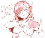  1girl ;) artist_request blush bodysuit breasts covered_nipples d.va_(overwatch) facepaint gloves headset heart heart_hands long_hair one_eye_closed overwatch rabbit simple_background smile solo upper_body white_background 