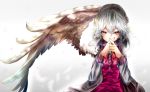  1girl blush covering_mouth dress gradient gradient_background highres houdukixx jacket kishin_sagume long_sleeves looking_at_viewer orange_eyes short_hair silver_hair single_wing solo touhou upper_body wings 
