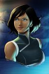  1girl avatar:_the_last_airbender bare_shoulders black_hair blue_eyes breasts dark_skin highres iury_padilha korra short_hair smile solo the_legend_of_korra 