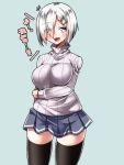  1girl :d alternate_costume black_legwear blue_eyes blush breasts eyes_visible_through_hair hair_ornament hair_over_one_eye hairclip hamakaze_(kantai_collection) kantai_collection large_breasts long_sleeves looking_at_viewer open_mouth pleated_skirt ribbed_sweater short_hair silver_hair simple_background skirt smile solo striped sweater thigh-highs translation_request turtleneck turtleneck_sweater vertical_stripes yokai zettai_ryouiki 