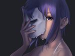  1girl amino_(tn7135) bangs black_background character_request dripping eyelashes face holding_mask looking_at_viewer mask one_eye_covered purple_hair shade simple_background sleeveless solo tears touhou violet_eyes 