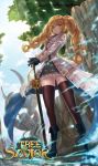  1girl ascot black_gloves blonde_hair blue_sky braid clouds cloudy_sky coat dress fencer fencer_(tree_of_savior) frilled_skirt frills from_below gloves green_eyes long_hair long_sleeves long_twintails looking_at_viewer mhg_(hellma) scabbard sheath sheathed shirt skirt sky solo statue sword thigh-highs tree tree_of_savior twin_braids twintails weapon zettai_ryouiki 