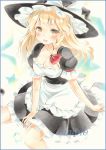  1girl apron blonde_hair blush braid breasts cleavage frilled_skirt frills hat kirisame_marisa long_hair looking_at_viewer open_mouth potto_(minntochan) sample short_sleeves single_braid sitting skirt solo star touhou traditional_media wariza witch_hat yellow_eyes 