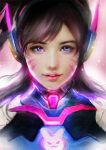  1girl bodysuit brown_eyes brown_hair d.va_(overwatch) eyebrows eyelashes face facial_mark headphones light_smile lips long_hair looking_at_viewer muju nose overwatch parted_lips pink_background portrait realistic smile solo 