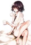  1girl bare_legs bed_sheet black_hair bottomless brown_eyes collared_shirt cup eyebrows head_tilt ken_(coffee_michikusa) long_sleeves mug necktie no_pants on_bed pointy_ears pom_pom_(clothes) shameimaru_aya shirt short_hair simple_background sitting solo thighs touhou white_background 
