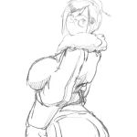  1girl ass breasts coat glasses large_breasts looking_at_viewer mei_(overwatch) monochrome overwatch short_hair simple_background sketch sky_of_morika solo white_background 