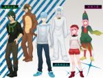  1girl 2boys beret blue_hair boots chicken_suit dog_suit glasses green_hair hat inumuta_houka jakuzure_nonon kill_la_kill monkey_suit multiple_boys pink_hair roadside66 sanageyama_uzu shorts sidelocks sweater 