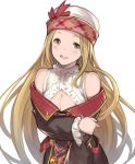  1girl bare_shoulders blonde_hair blush bow breasts brown_eyes cleavage crossed_arms diola_(granblue_fantasy) granblue_fantasy hanarito hat hat_bow highres long_hair looking_at_viewer open_mouth solo transparent_background yellow_eyes 