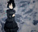  1girl abstract_background black_dress black_hair black_rose bow corsage dress flower frilled_dress frills gothic_lolita green_eyes hat hat_bow highres jewelry lbush light_smile lolita_fashion looking_at_viewer nimirom_(6403aghm) original ring rose short_hair solo 