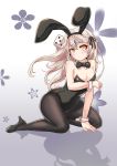  1girl absurdres animal_ears bow bowtie breasts bunny_tail bunnysuit cenangam cleavage detached_collar dice elsword eve_(elsword) highres long_hair pantyhose rabbit_ears silver_hair tail wrist_cuffs yellow_eyes 