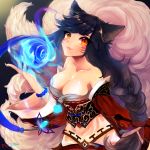  1girl ahri animal_ears bare_shoulders black_hair breasts cleavage collarbone detached_sleeves facial_mark fox_ears fox_tail korean_clothes large_breasts league_of_legends light_smile looking_at_viewer maipou_(maihana) multiple_tails slit_pupils solo tail whisker_markings yellow_eyes 
