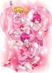  3girls aida_mana aino_megumi arm_up blonde_hair bow choker color_connection detached_collar dokidoki!_precure flipped_hair fresh_precure! frilled_skirt frills full_body hair_bow half_updo hand_on_hip happinesscharge_precure! heart heart_background high_heels hisaki idol kneeling looking_at_viewer microphone momozono_love multiple_girls one_eye_closed pink pink_background pink_eyes pink_hair pink_shoes pink_skirt ponytail precure red_shoes shoes short_hair short_twintails skirt smile standing thigh-highs twintails white_legwear wrist_cuffs 
