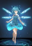  1girl bare_legs barefoot blue_bow blue_dress blue_hair blush bow cirno closed_eyes closed_mouth collared_shirt dress floating full_body glowing gradient hair_between_eyes hair_bow highres i-la ice ice_wings landing light_particles neck_ribbon puffy_short_sleeves puffy_sleeves red_ribbon ribbon ripples shirt short_hair short_sleeves sketch smile solo touhou water white_shirt wings 