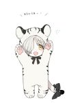  1boy animal_costume chibi fang freckles gokotai hair_over_one_eye male_focus open_mouth smile sumeragi_kohaku tiger_costume tiger_print touken_ranbu translation_request white_hair yellow_eyes 