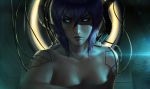  1girl bare_shoulders breasts cyborg ghost_in_the_shell ghost_in_the_shell_stand_alone_complex kusanagi_motoko purple_hair raikoart red_eyes short_hair solo wire 