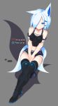  1girl animal_ears bare_shoulders blue_eyes blue_hair boots breasts commentary_request fox_ears fox_tail hair_ornament hair_over_one_eye highres korigitsune looking_at_viewer midriff multiple_tails navel original short_hair shorts solo tail thigh-highs thigh_boots 