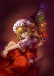  1girl blonde_hair bow flandre_scarlet hat hat_bow highres holding_legs i-la looking_at_viewer mob_cap open_mouth red_eyes solo touhou wings 