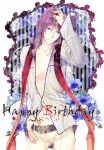  1boy blue_eyes flower gen&#039;ei_ibunroku_sharp_fe happy_birthday hatanaka_yatsufusa jewelry leaf long_hair purple_hair ring shirayuki_shion simple_background solo white_background 