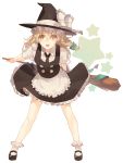  1girl :d apron bangs black_hat black_necktie black_shoes black_skirt black_vest blonde_hair bow broom buttons cats_brain collared_shirt eyebrows eyebrows_visible_through_hair frilled_apron frilled_bow frilled_skirt frills full_body green_bow green_ribbon hair_between_eyes hair_bow hat hat_bow hat_ribbon holding_broom kirisame_marisa leaning_forward legs_apart long_hair looking_at_viewer mary_janes necktie open_mouth orange_eyes ribbon shade shirt shoes short_sleeves skirt skirt_set smile socks solo standing star touhou vest waist_apron white_apron white_bow white_legwear white_ribbon white_shirt witch_hat yellow_eyes 
