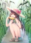  1girl black_hair bow cocoa_(cafe-hotcocoa) convenient_leg corn eating hat hat_bow hat_ornament highres long_hair looking_at_viewer original solo squatting 