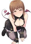  1girl all_fours bare_shoulders blush boots bracelet breasts brown_eyes brown_hair cleavage cleavage_cutout demon_tail demon_wings dress fingerless_gloves fishnet_legwear fishnets gloves hagiwara_yukiho highres idolmaster jewelry looking_at_viewer short_hair smile solo tail thigh-highs tsurui wings 