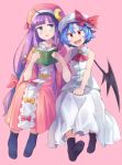  2girls :d ahoge anarogumaaa ascot bangs bat_wings black_legwear blue_eyes blue_hair blunt_bangs blush book bow brooch commentary_request crescent crescent_hair_ornament dress eyebrows eyebrows_visible_through_hair fang full_body hair_ornament hair_ribbon hat hat_bow jewelry long_hair mob_cap multiple_girls open_mouth orange_bow patchouli_knowledge pink_background pink_dress pink_hat purple_hair red_bow red_eyes remilia_scarlet ribbon short_hair simple_background sitting sleeveless smile socks touhou tress_ribbon very_long_hair white_dress white_hat wings 