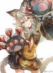  1girl :3 animal_ears bangs belt breasts center_opening claw_(weapon) claw_pose collar cowboy_shot elbow_gloves erun_(granblue_fantasy) eyebrows eyebrows_visible_through_hair flipped_hair gloves granblue_fantasy hair_between_eyes head_tilt hip_vent long_hair miniskirt paw_gloves pleated_skirt red_eyes sen_(granblue_fantasy) silver_hair skirt solo twitter_username weapon white_background yuzuki_karu 