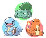  :&gt; bulbasaur charmander fire flame full_body mary_cagle open_mouth pokemon pokemon_(creature) pokemon_(game) pokemon_rgby sitting squirtle 