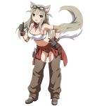  1girl adjustable_wrench animal_ears bangs bare_shoulders blush breasts cleavage clothes_around_waist elbow_pads fox_ears fox_tail gloves goggles goggles_on_head grey_hair hair_flaps halter_top halterneck hand_on_hip large_breasts lily_the_mechanic long_hair looking_at_viewer mechanic midriff scarf smile solo tail thumbs_up tool_belt wanaca wrench yellow_eyes 
