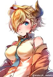  1girl ahoge breasts granblue_fantasy hair_over_one_eye horns impossible_clothes laguna_(granblue_fantasy) large_breasts mataichi_matarou necktie short_hair sleeveless solo upper_body 