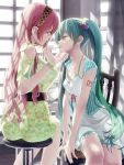  2girls absurdres aqua_hair blue_eyes breasts chair cleavage closed_eyes dress hairband hatsune_miku highres lipstick long_hair looking_at_another makeup megurine_luka multiple_girls okingjo pink_hair profile scrunchie tattoo very_long_hair vocaloid window 