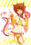  1girl animal_ears artist_name bell bell_collar bikini bikini_top breasts brown_hair cat_ears cat_tail character_name cleavage collar facial_mark fairy_tail fang gloves large_breasts midriff millianna_(fairy_tail) navel open_mouth pink_eyes solo swimsuit tail teeth thigh-highs yuita_ro 
