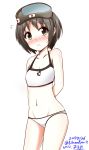  1girl aikawa_ryou arms_behind_back bikini black_hair blush brown_eyes collarbone cowboy_shot diving_mask_on_head flying_sweatdrops highres kantai_collection looking_at_viewer maru-yu_(kantai_collection) navel short_hair solo swimsuit white_bikini 