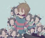  androgynous animal_ears blue_background brown_hair closed_eyes frisk_(undertale) grey_hair higa423 highres long_sleeves open_mouth pants shirt short_hair simple_background smile striped striped_shirt sweatdrop temmie undertale 