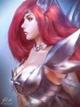  1girl armor breasts brown_eyes cleavage erza_scarlet fairy_tail highres long_hair profile raikoart redhead solo weapon 