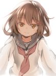  1girl brown_eyes brown_hair commentary_request hair_ornament hairclip hoshi_umi ikazuchi_(kantai_collection) kantai_collection looking_at_viewer neckerchief pleated_skirt pov sailor_collar school_uniform serafuku short_hair simple_background skirt smile solo upper_body white_background 