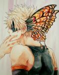  1boy 323emaki back bakugou_katsuki black_hair blonde_hair boku_no_hero_academia butterfly_wings domino_mask eyelashes from_side hair_ornament hand_on_another&#039;s_face head_wings male_focus marble mask multicolored_hair out_of_frame parted_lips profile sleeveless solo_focus tank_top traditional_media two-tone_hair upper_body wings 