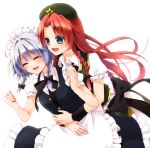  2girls ahoge apron beret blue_dress blue_eyes braid chinese_clothes chitose_(usacan) closed_eyes dress hair_between_eyes hair_ribbon hat hong_meiling hug hug_from_behind izayoi_sakuya long_hair looking_at_another maid maid_headdress multiple_girls open_mouth puffy_short_sleeves puffy_sleeves redhead ribbon shirt short_hair short_sleeves side_slit silver_hair simple_background star touhou tress_ribbon twin_braids waist_apron white_shirt yuri 